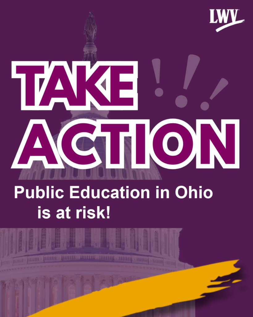 Purple image of the capital building with the text, "Take Action. Public education in Ohio is at risk!"